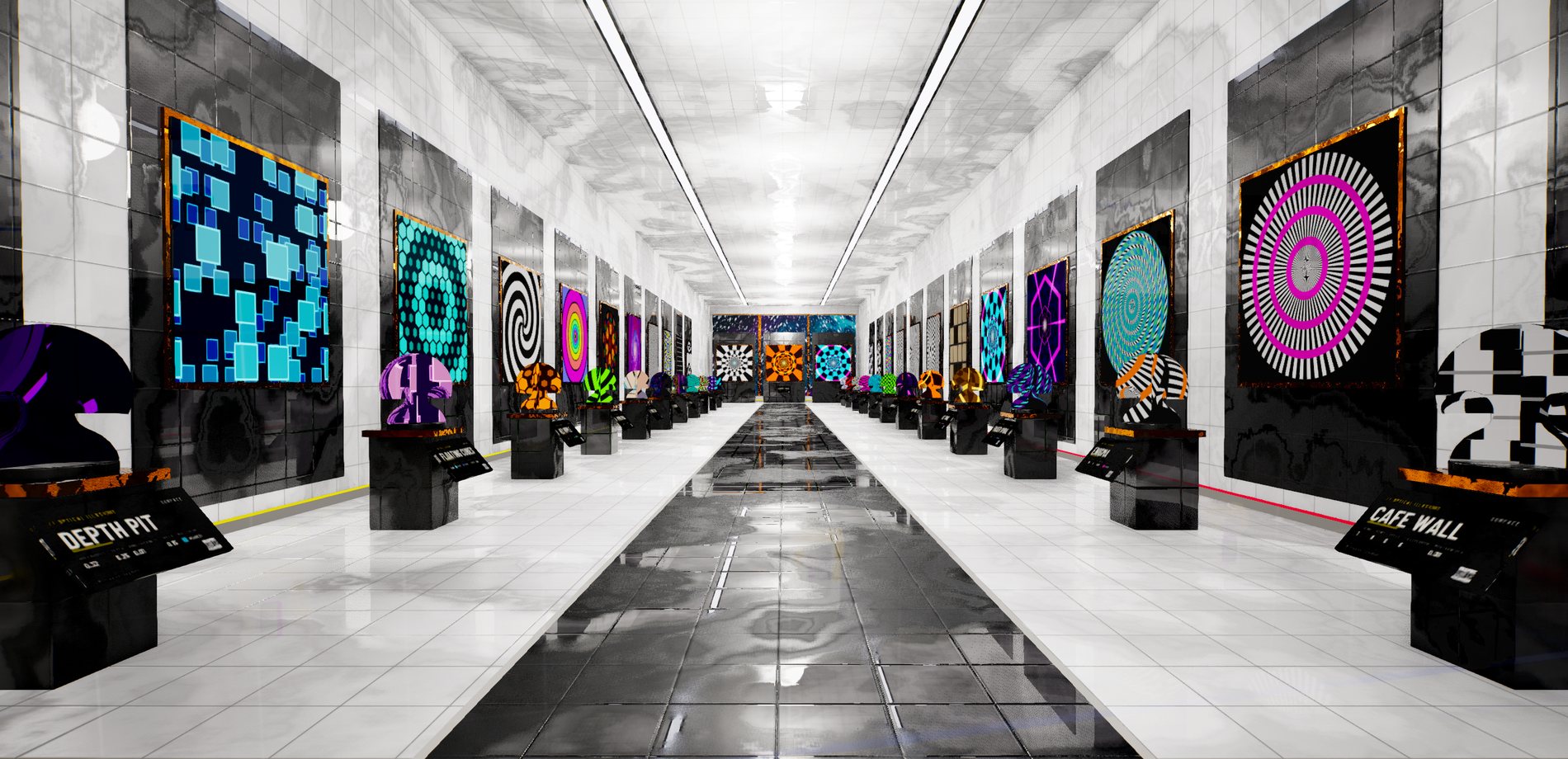Museum hall of optical-illusion materials on pedestals