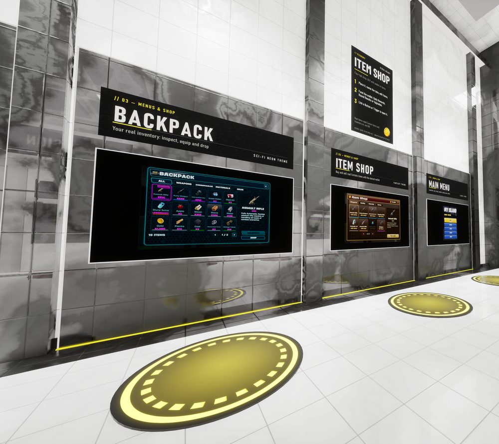 Theme bays up close: Backpack (Sci-Fi Neon), Item Shop (Fantasy) and Main Menu (Classic), each with a walk-up pad.