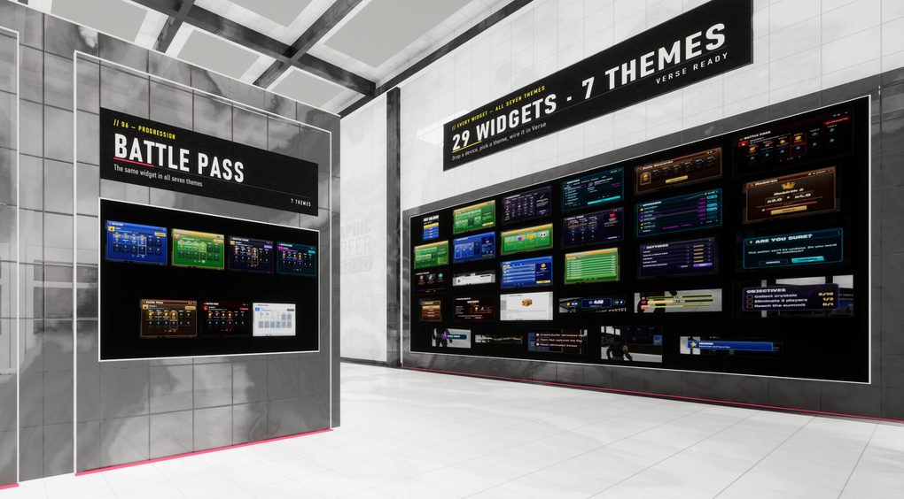 Battle Pass in all seven themes next to the full 29-widget mosaic.