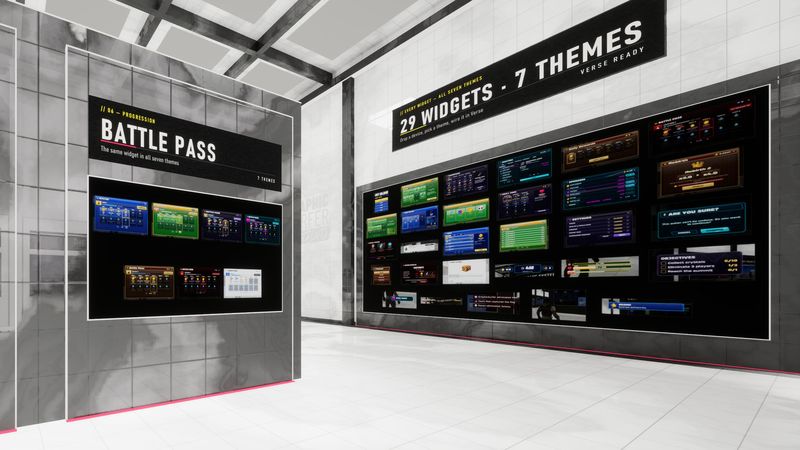 Battle Pass in all seven themes next to the full 29-widget mosaic.