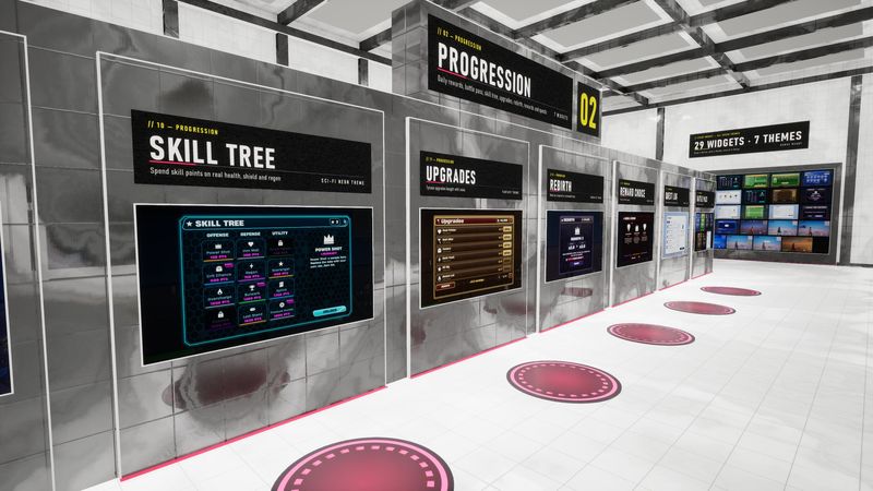 Progression bays: Skill Tree, Upgrades, Rebirth and more side by side, each with a walk-up pad.