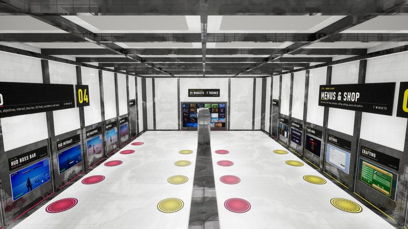 Wide view of the gallery hall: HUD bays on the left, Menus & Shop on the right, the 29 Widgets wall at the far end.