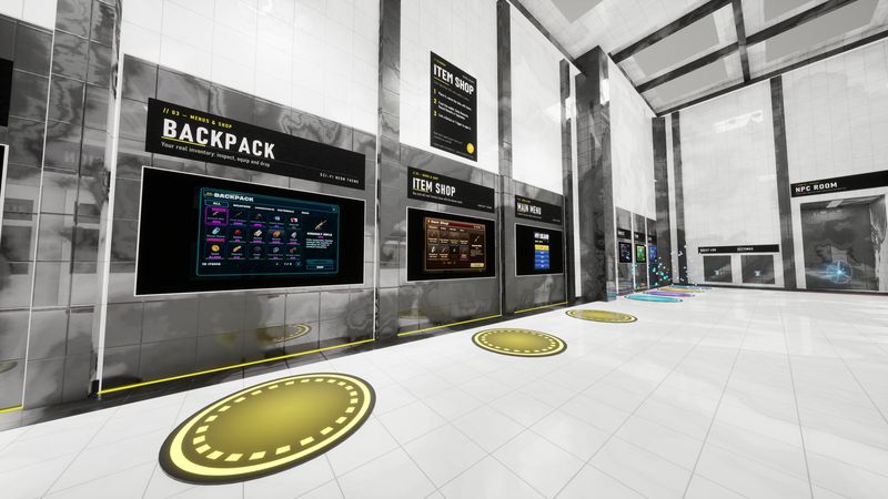 Theme bays up close: Backpack (Sci-Fi Neon), Item Shop (Fantasy) and Main Menu (Classic), each with a walk-up pad.